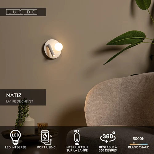 Lucide MATIZ - Lampe de chevet / Applique mural - Ø 16,5 cm - LED - 3000K - Point de rechargement USB - Blanc - USP